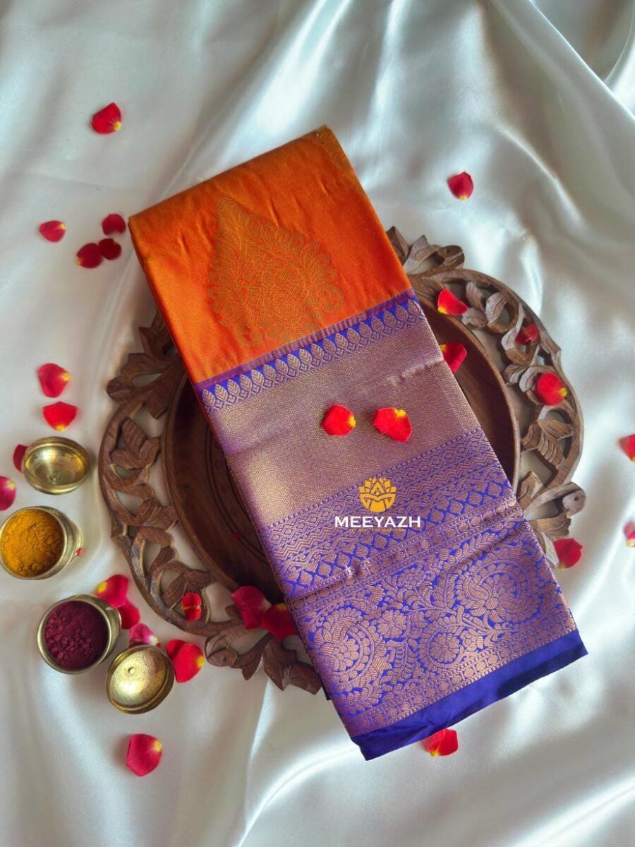 Clalssic Orange Blue Border Saree-MY115